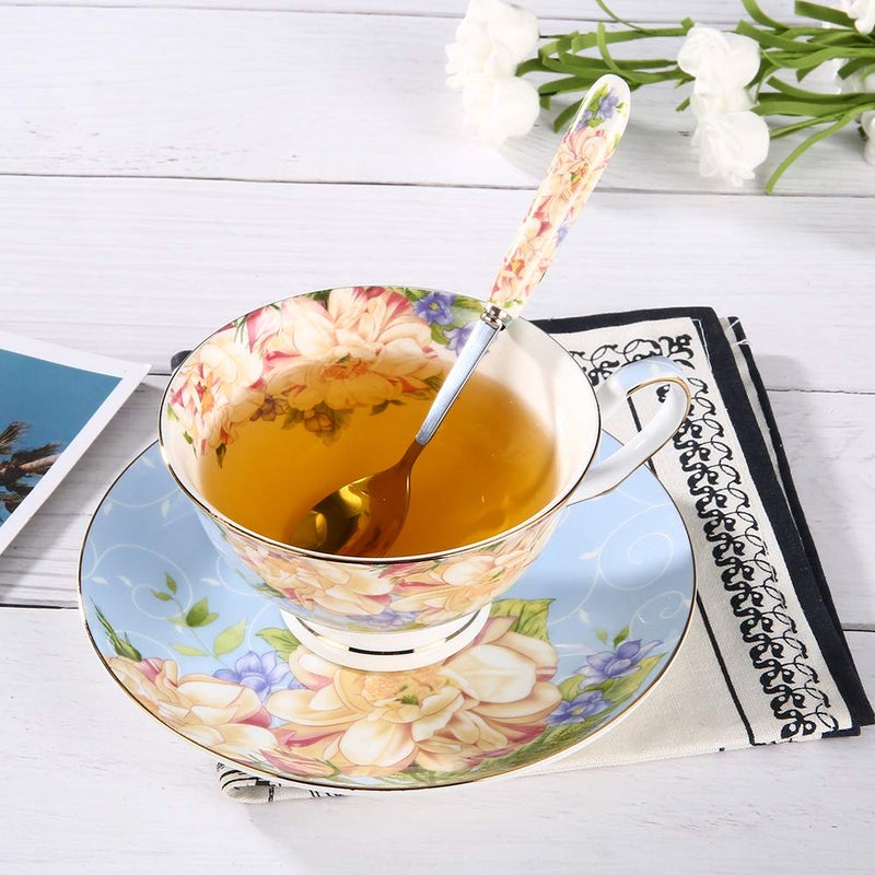 JinGlory Blue Tea Cup,Floral Tea Cup and Saucer Set,Bone China Tea Set,Coffee Cup,Tea Set for Adults/Friends/Women/Men,7OZ - Image 3